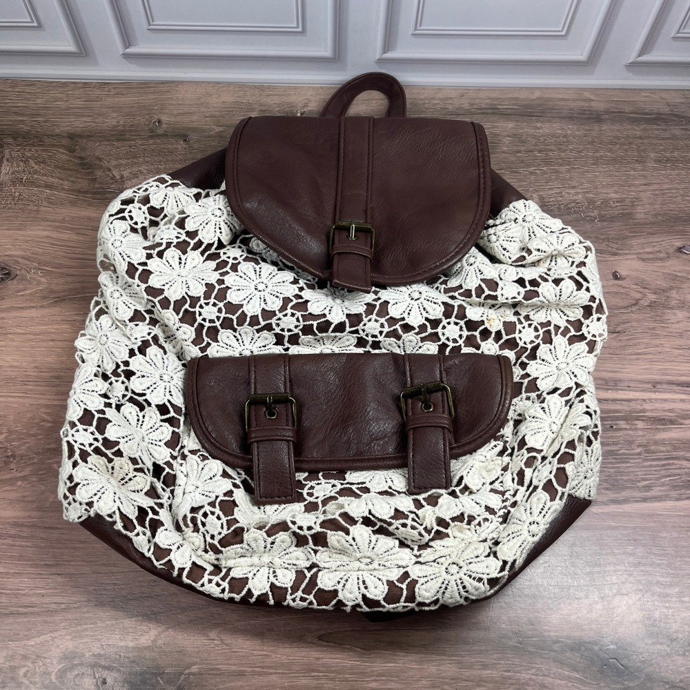 VTG Y2K Claire's Backpack Women Brown White Floral Crochet Boho Faux Leather Bag